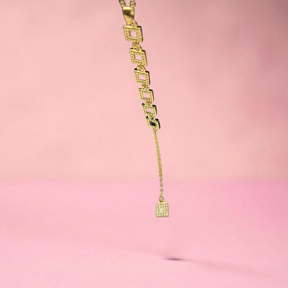 Gold Tone Y Necklace Square Link Pave‎ Charm Drop Lariat NIB Aiden Eden - Picture 2 of 5